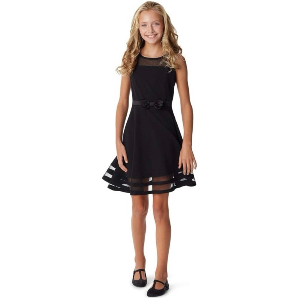 Calvin Klein Black Fit &‎ Flare Dress Sheer Mesh Bow Detail Size 14 NEW~NWT